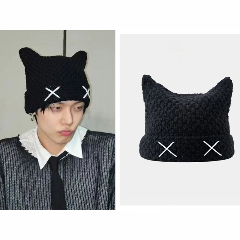 Kpop YeonJun Black Bullhorn  Wool XX Knitted Hat